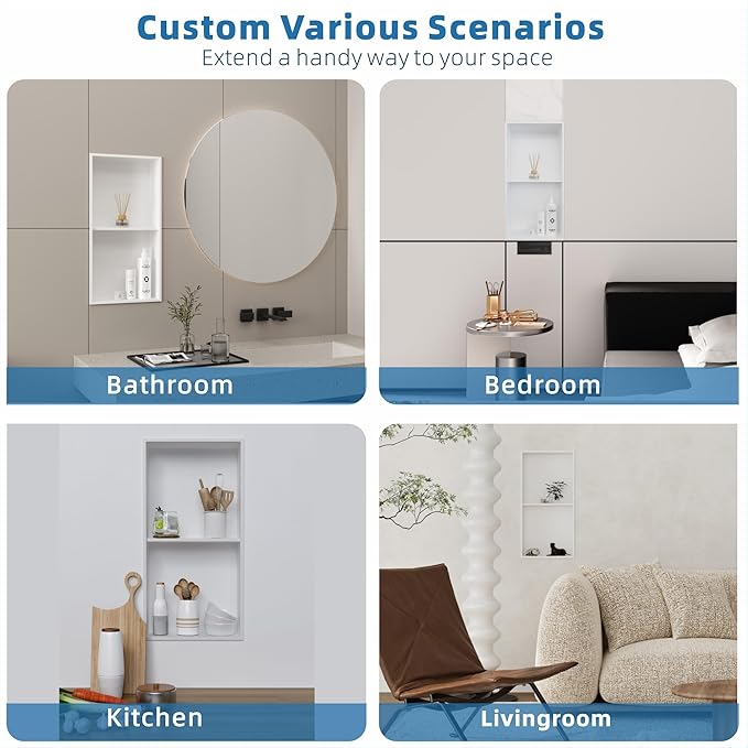 Bathroom Shower Niche Stainless Steel: No Tile Needed Double Layer - 12"x24" Recessed Wall Niches Shelves for House Decoration - Matte White