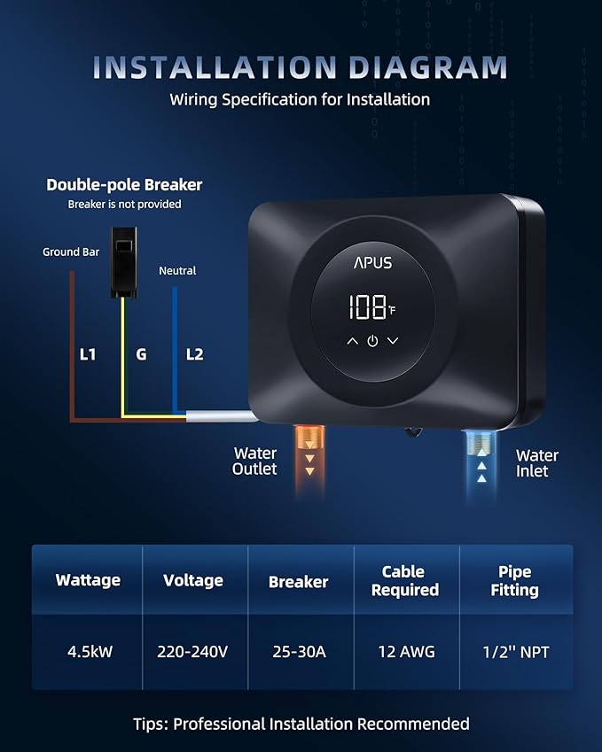 APUS Tankless Water Heater Electric 240V, 4500W Instant On Demand Hot Water Heaters, Under Sink Point of Use Water Heater, LED Digital Display, Ultra Compact for Kitchen, Bathroom, Laundry