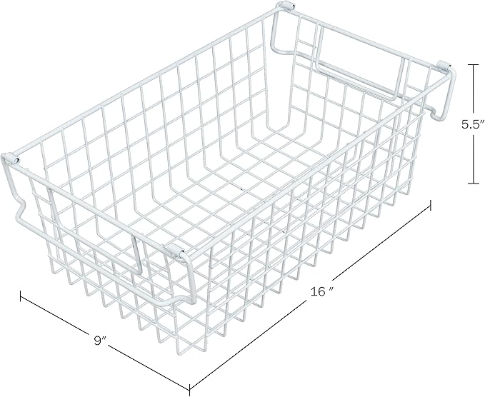 Home-Complete 16" Large Stackable Wire Baskets, 3-Size Set Organizer Stacking Storage Bins for Shelf, Pantry, Kitchen, Cabinets, can Also be Used in Chest Freezers (White)