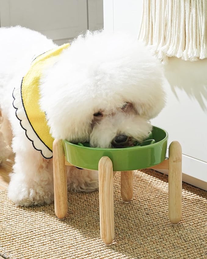 LE TAUCI Ceramic Slow Feeder Raised Dog Bowls with Wooden Stand, Puzzle Feeder, Elevated Dog Dishes to Slow Down Eating, 8 Inch Anti-Gulping Pet Feeding Dishes for Medium Dog