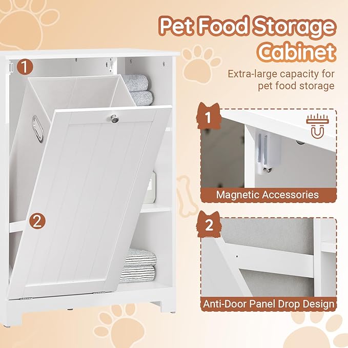 Dog Food Storage Cabinet with Tilt-Out Bin and Open Shelves, Pet Storage Organizer Cabinet with Magnetic Door and Anti-Tip Design, White Kitchen or Bathroom Furniture, BZR105-W