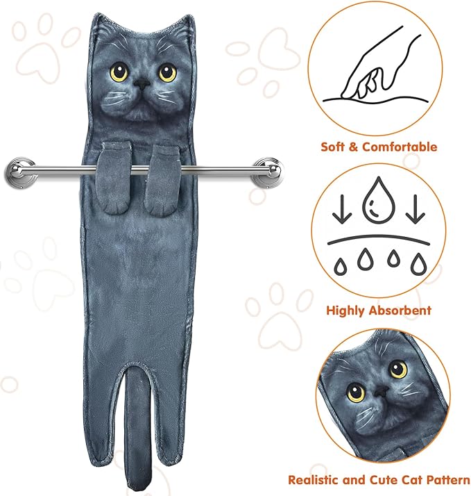 PAT JUUMG Funny Blue Cat Hand Towels for Bathroom Kitchen, Cute Home Decorative Hanging Face Towels, Super Absorbent Soft, Cat Lovers Gifts for Women, Housewarming Gift