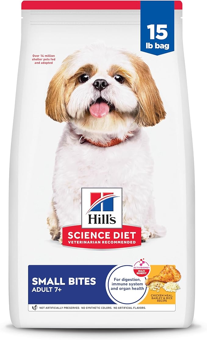 Hill's Science Diet Adult 7+, Senior Adult 7+ Premium Nutrition, Small Kibble, Dry Dog Food, Chicken, Brown Rice, & Barley, 15 lb Bag