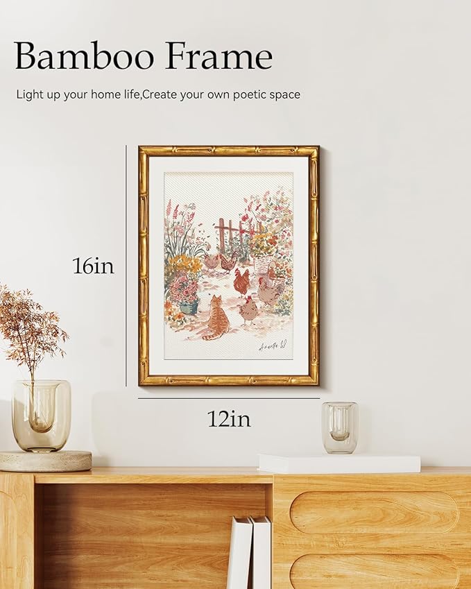 Vintage Gold Framed Canvas Wall Art 12x16 Inches Spring Farmhouse Cat Chickens Print, Country Garden Painting Artwork with Clear Panel, Rustic Cottagecore Living Room Kitchen Bedroom Decor Gift