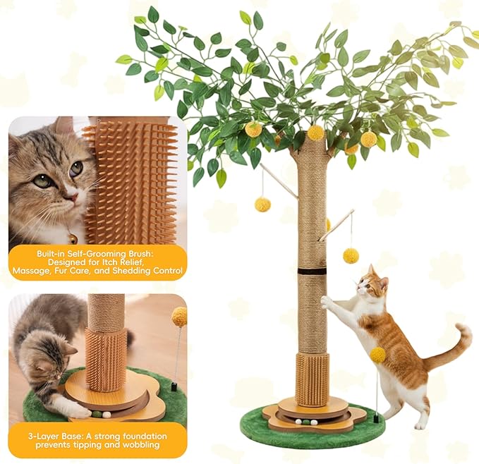 Tall Cat Scratching Post 45 Inch – Heavy Duty Sisal Cat Scratcher for Large Indoor Cats, Stable Base with Hanging Toys & Self Grooming Brush