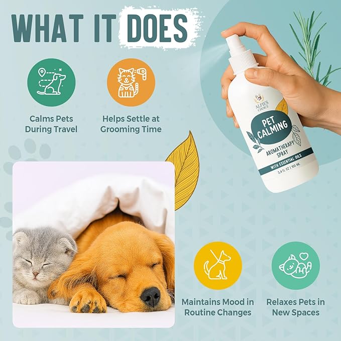 ALFIE'S CHOICE Pet Calming Aromatherapy Spray for Dogs |3.4 fl oz Travel Size | Lavender & Valerian Aromatherapy Mist | for Crate, Car & Vet Visit Comfort | Made in USA
