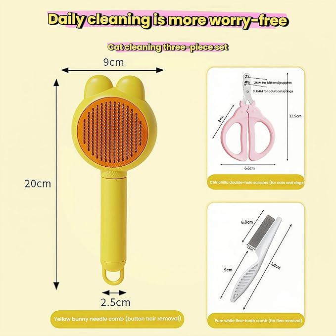 3-Set Self-Cleaning Pet Grooming Brush - Deshedding Tool for Dogs & Cats, Skin Friendly Hair Remover for Long & Short Haired Pets, Professional Dog & Cat Brush for Shedding Control(Yellow)