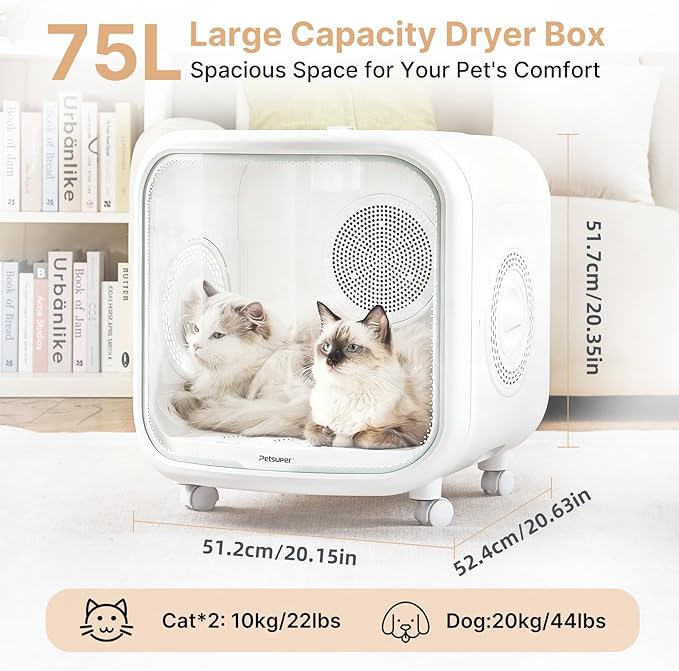 Upgrade Cat Dryer Box, 75L Large Pet Dryer Box for Cats and Small Dogs, 360° Rapid Drying & Smart Temp Control, Ultra-Quiet, Safe & Efficient Grooming for Multi-Pet Households, Including a Pet Towel