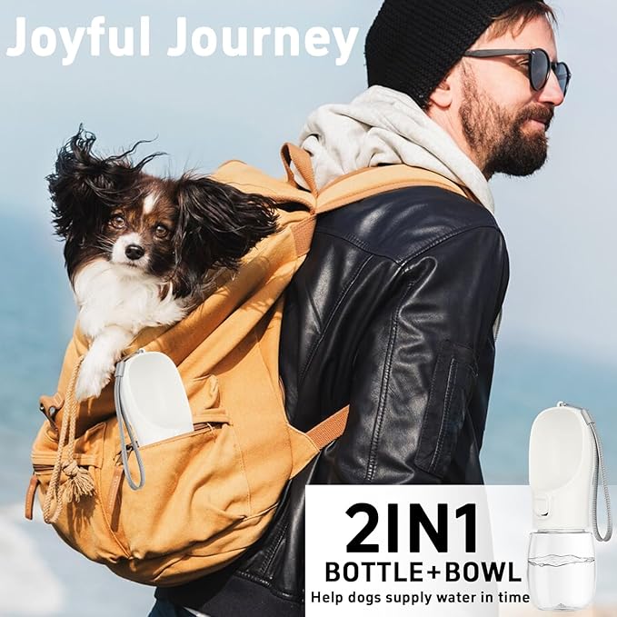 Portable Travel Dog Bottle with Bowl, Leak Proof, Convenient for Walking, Hiking and Camping (White, 12oz)