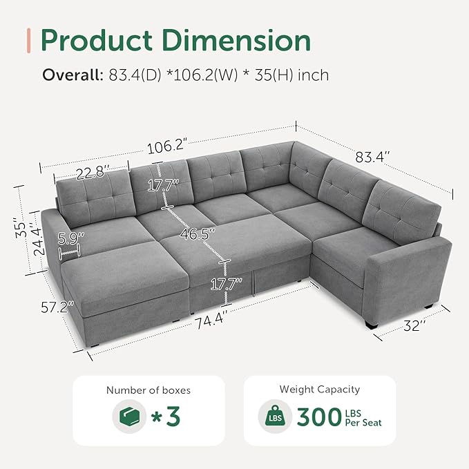 HONBAY 106.2 Inch U-Shaped Sectional Sleeper Sofa with Pull-Out Bed & Storage Ottoman, 7-Seater Sectional Sofa for Living Room, Pet-Resistant Fabric Couch, Grey