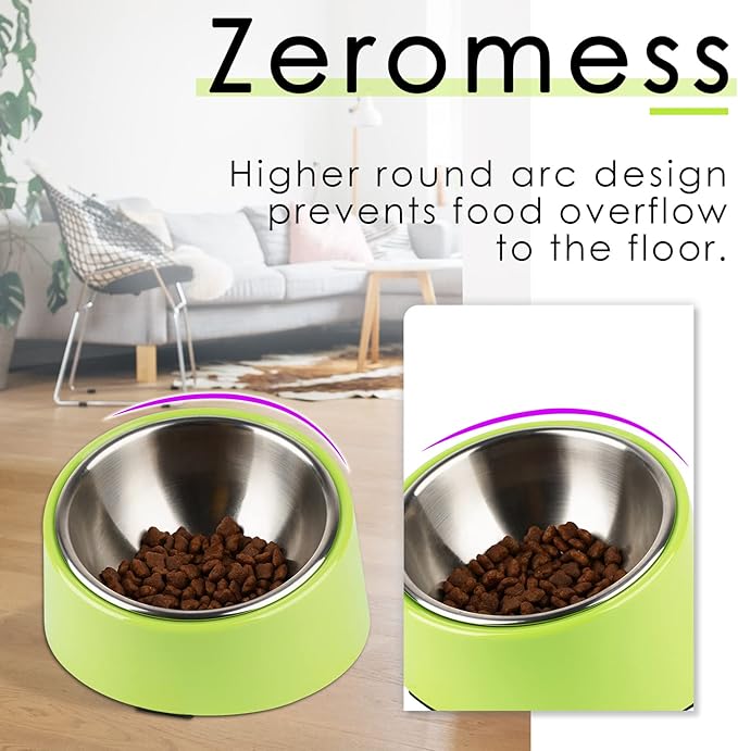 SuperDesign Small Tilted Dog Bowl for Flat-Faced Breeds, Slanted Bulldog Feeder with 2 oz / 0.5 Cup Capacity, 15° Angled Feeding Bowl for Puppies, Cats & Small Dogs, Green