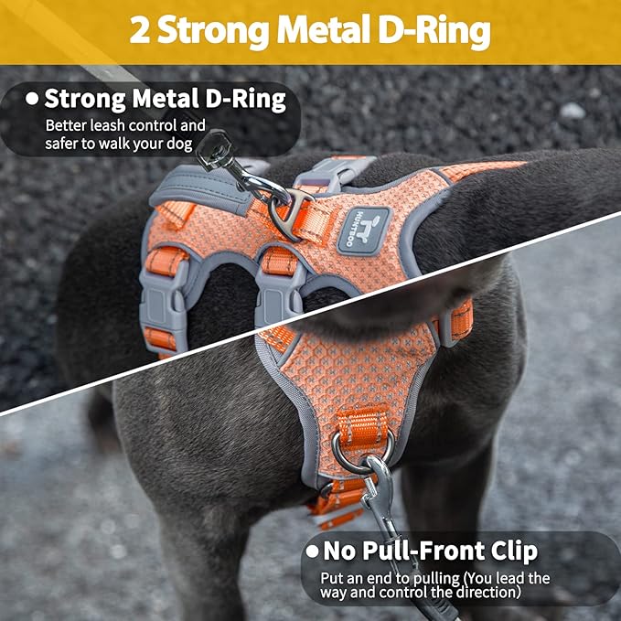 Huntboo Escape Proof Dog Harness, Escape Artist Harness, Fully Reflective Harness with Padded Handle, Breathable, Durable, Adjustable Vest for Small Dogs Walking, Training, and Running Gear (Orange,S)