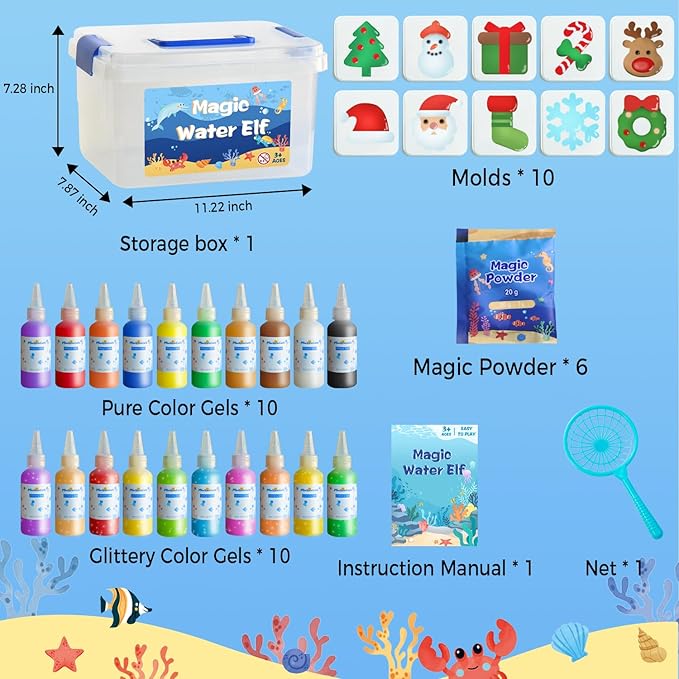 MINISENTIALS Magic Water Elf Toy Kit - Aqua Elves Gel Kit - Christmas Theme 20 Colors Fairy Gel 10 Molds Squishy Maker - Party Favor Birthday Art DIY STEM Gifts for Kids