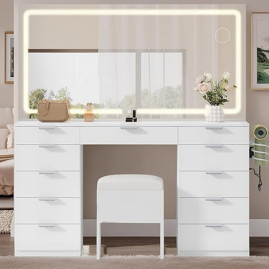 YITAHOME 46" Vanity Table with LED Lighted Mirror, Makeup Desk with 11 Drawers, Cushioned Storage Stool, Vanity Set with Power Outlet & Magnifying Mirror