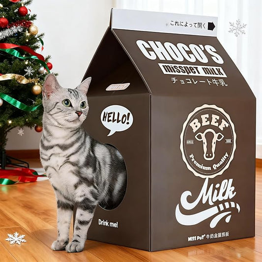 Cardboard Cat House with Scratch Pad, Corrugated Kitten Hideaway Cave, Cute Cats Condos Box, Milk Box Shape Cat Scratching House Bed, Black