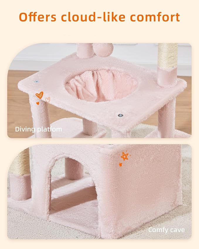 Taoqimiao Cat Tree,39.4-Inch Cat Tower for Indoor Cats,Suitable for Kittens with Luxurious cat condo with Soft Hammock and Luxurious Perch MS027P Jelly Pink