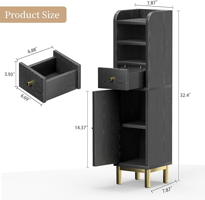 Slim Bathroom Storage Cabinet, Corner Bathroom Cabinet, Narrow Toilet Paper Storage, Small Bathroom Storage, Bathroom Floor Cabinet for Small Spaces, Towel Cabinet for Bathroom, Black