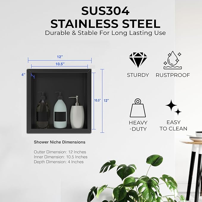 12"x12" Shower Niche Matte black stainless steel waterproof recessed wall mounted Insert Storage Shower caddy with a 10.5"x10.5" inside storage usage, no tile needed