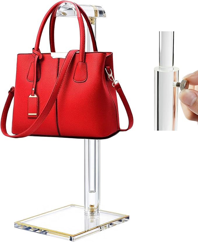 Acrylic Purse Display Stands, 14"-24" Adjustable Height Handbag Holder, Clear Purse Rack Stands for Closet Retail, Durable Gold Trim Hanging Bag Wallet Jewelry Necklace Organizer Stand(PATENT PENDING)