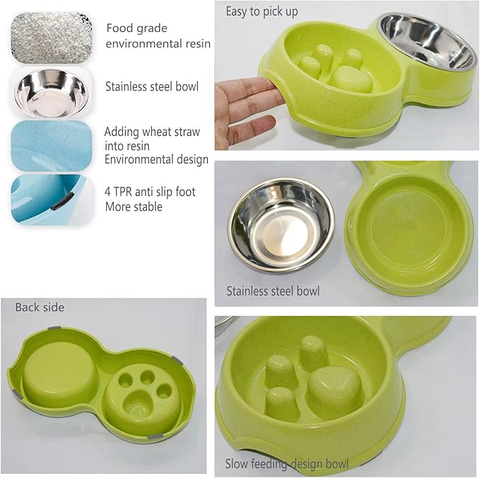 Dog Slow Eating & Drinking Bowl,Stainless Steel Interactive Slow Feed Dog Bowl for French Bulldog,Slow Down Eating Eco-Friendly pet Bowl for Frenchie (Green)