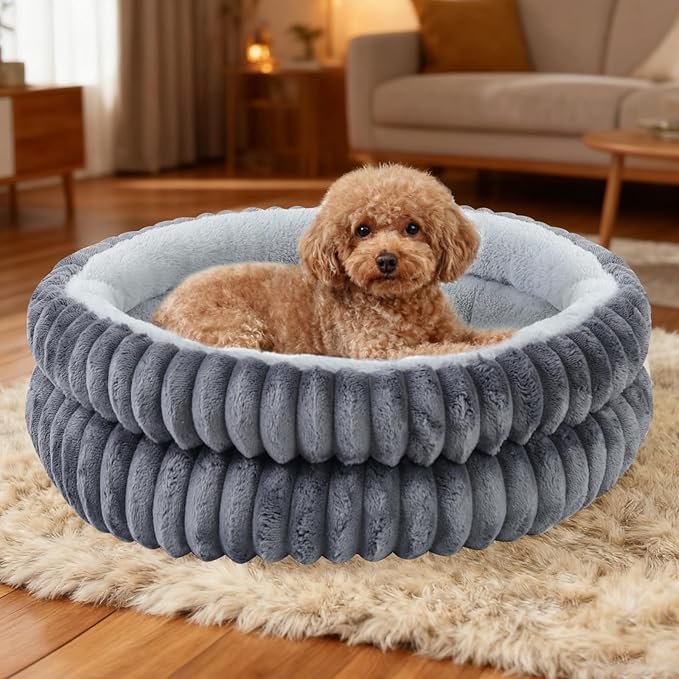 Washable Round Donut Dog Bed,Cat Beds for Indoor Cats,Fluffy Puppy Dogs Beds for Small Dogs with Anti-Slip Bottom(Grey,M)