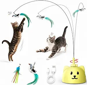 Interactive Cat Toys for Indoor Cats: Upgraded 360° Automatic Spin Flying Bird Feather Wand with Silicone Protected Rod Safe Play, Strong 8cm Suction Cup, USB-Rechargeable for Bored Kittens and Adult