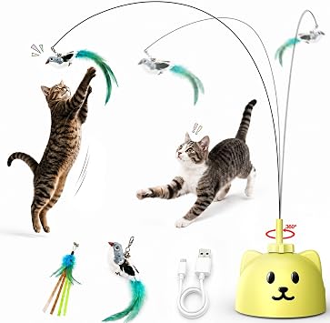 Interactive Cat Toys for Indoor Cats: Upgraded 360° Automatic Spin Flying Bird Feather Wand with Silicone Protected Rod Safe Play, Strong 8cm Suction Cup, USB-Rechargeable for Bored Kittens and Adult