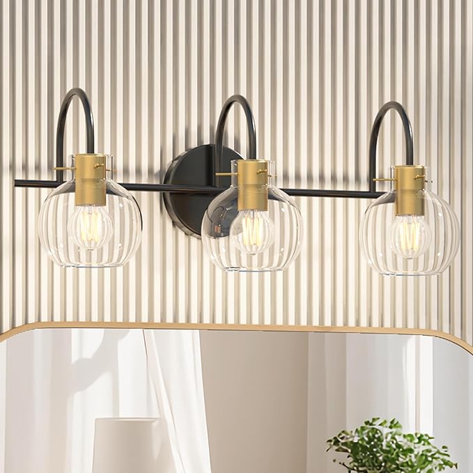 Bathroom Vanity Light Fixtures,3 Light Brushed Black Wall Sconces, Modern Bathroom Lighting Over Mirror, UL Certified with Glass Shades, Vanity Lights for Bathroom, Bedroom, Hallway