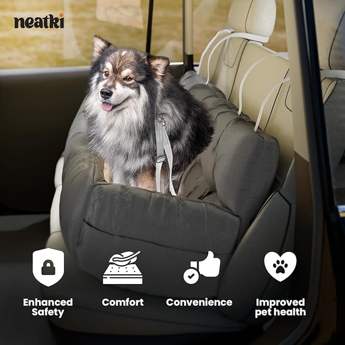 Dog Car Seat, Pet Booster Seat, Adjustable Straps, 2 Safety Leashes, Reversible Cushion, Side Pockets, Non-Slip Bottom (Gray, Small to Medium Dogs)