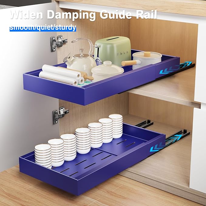 2 Pack Pull Out Cabinet Organizer,21.8" Deep Slide Out Drawer for Cabinets Adhesive Pull Out Drawers Heavy Duty Pull Out Shelves for Kitchen,Cupboard,Pantry,Bathroom-Blue