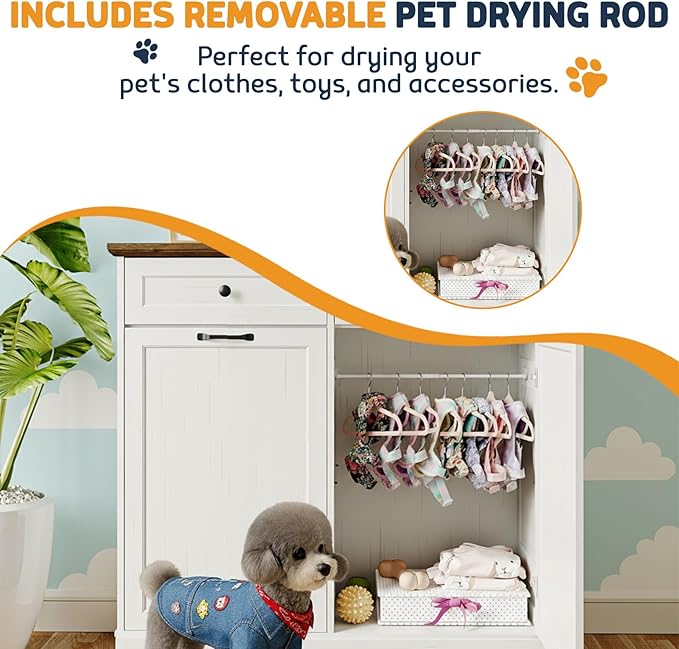 Double Tilt Out Trash Can Cabinet with Dog Bowl, 2 * 13 Gallons Dog Food Storage Cabinet, Hidden Trash Can Cabinet with Hideaway Drawer for Kitchen, Living Room (White, Double Door)
