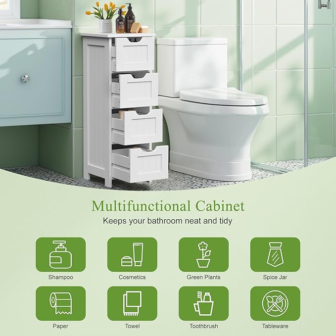 ZENY Bathroom Floor Storage Cabinet with 4 Drawers for Bedroom, Bathroom, Hallway, Narrow Toilet Paper Cabinet, Freestanding (White)
