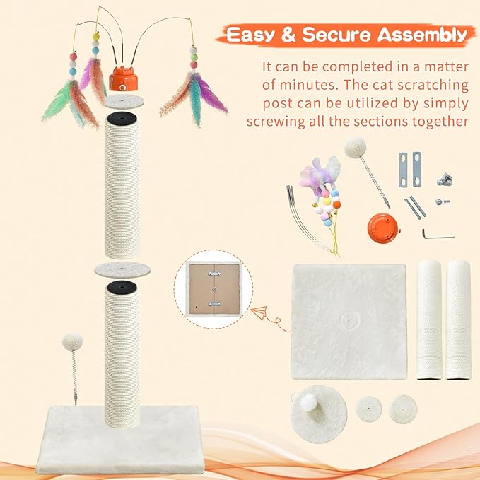 Cat Scratching Post，42.5" Tall Heavy Duty Cat Scratcher，Scratching Posts for Indoor Cats Adult with Interactive Cat Toys Automatic Teaser Wand and Rotating Hanging Balls