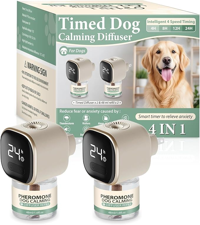 SHANDR Dog Calming Pheromones Diffuser 4 in 1 Appeasing Relaxing Diffuser with Timing Function Pet Kit Anxiety Relief Reduce Aggression Barking Fighting Stress (2 Plug in +2 Refill 48ml)