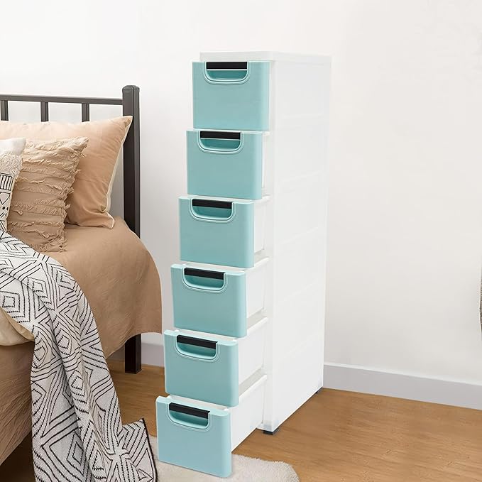 6 Drawers Storage Cabinet, Narrow Plastic Dresser, Rolling Organizer Cart, Mobile Slim Utility Cart on Wheels, Storage Drawer for Small Spaces (Blue)