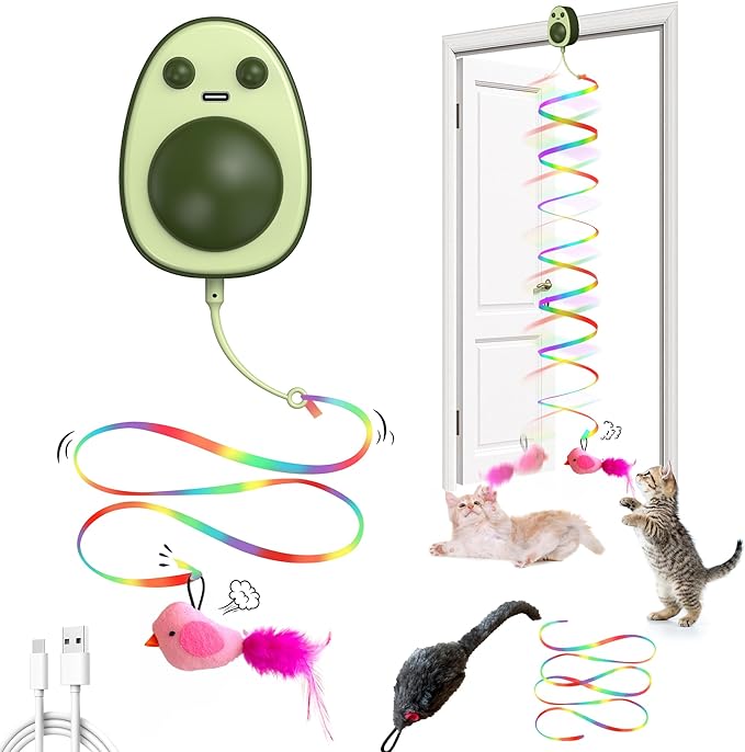 Interactive Cat Toys for Indoor Cats,Electric Flying Bird & Mouse Wand Teaser, Automatic Hanging Door Frame Chase/Hunt/Exercise Stimulate Feather Cat Toy for Bored Indoor Adult & Kitten