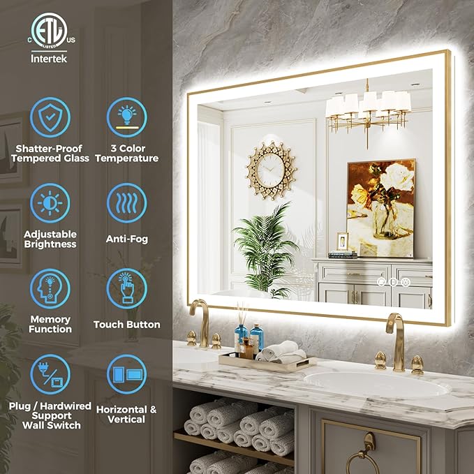 57x36 Inch LED Bathroom Mirror with Lights (Front Lit and Backlit) Gold Framed Lighted Vanity Mirror for Bathroom Wall Dimmable Anti-Fog Memory Tempered Glass Horizontal/Vertical