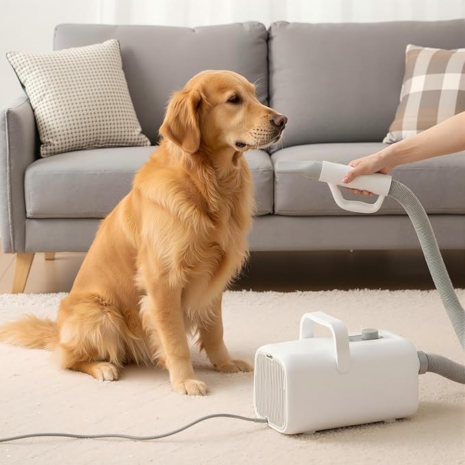 NEWBULIG Dog Hair Dryer, 1550W High Velocity Pet Blow Dryer with Heater for Grooming, Speed Temperature Adjustable Dog Blower Grooming Dryer with 4 Nozzles