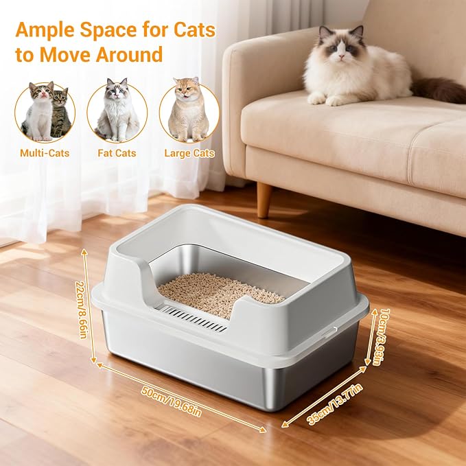 Stainless Steel Litter Box, XL Enclosed Cat Litter Boxes with Lid for Big Cats and Multi-Cats, High Sided, Anti-Urine Leakage Non-Stick Bottom Include Scoop Easy to Clean