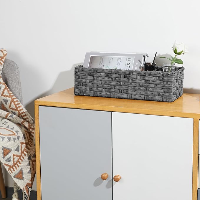 Bidtakay Narrow Wicker Bins for Organizing 2-Pack Dark Grey Decorative Baskets for Washroom Organizer Waterproof Imitation Small Wicker Storage Baskets for Shlef Closet Bedroom Entryway Office Desk