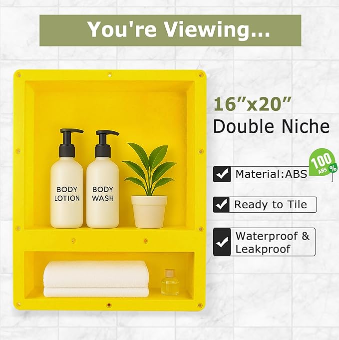 Suteck 16" x 20" Shower Niche Double Shelf -Yellow Rectangle Niche Cube, Ready for Tile Recessed Niches for Bathroom, Niche Shower Storage