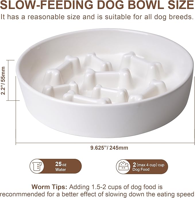 Ceramic Slow Feeder Dog Bowl, 1.5 Cup Dog Food or 20oz Water, Slow Eating Bowl for Small Breed, Maze Puzzle Feeder for Fast Eaters, Anti-Choking Stop Bloat, Non-Slip BPA Free (White Bone)