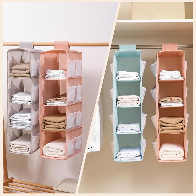 Hanging Closet Organizer, 4-Section Storage Shelves, Oxford Cloth with Mesh Pockets, (Gray, 3 Section)