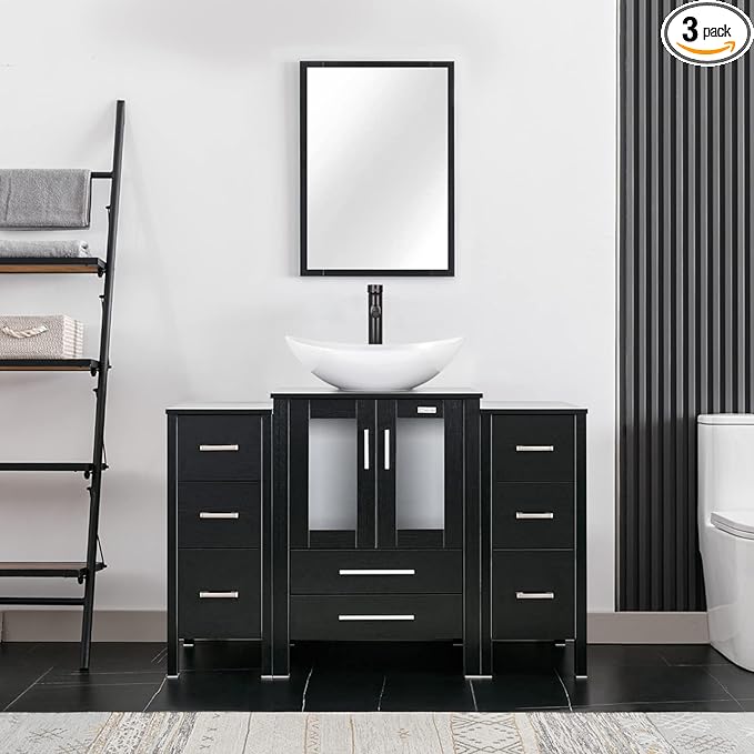 eclife 48" Modern Bathroom Vanity Sink Combo Freestanding Cabinet with Small Side Cabinet, White Boat Ceramic Vessel Sink, Water Save Faucet, Drain (Black+T44)