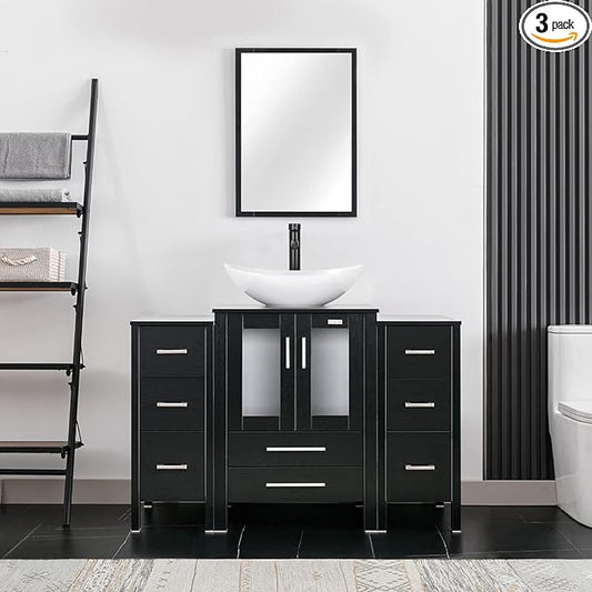 eclife 48" Modern Bathroom Vanity Sink Combo Freestanding Cabinet with Small Side Cabinet, White Boat Ceramic Vessel Sink, Water Save Faucet, Drain (Black+T44)