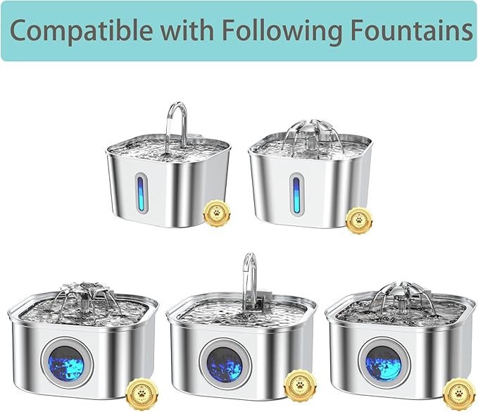Cat Water Fountain Filters Replacement for 2.2L & 3.2L Square Stainless Steel Fountains & 7L Dog Water Fountains, 12 Carbon Filters & 12 Pre-Filter Sponges (PS06)