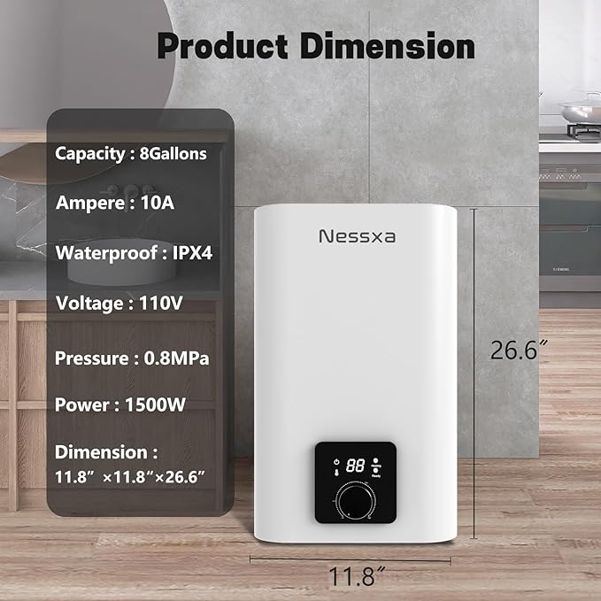 8 Gallon Electric Mini Tank Water Heater, 110V 1500W Point of Use On Demand Under Sink Instant Hot Water Heater for Home Kichen Bathroom