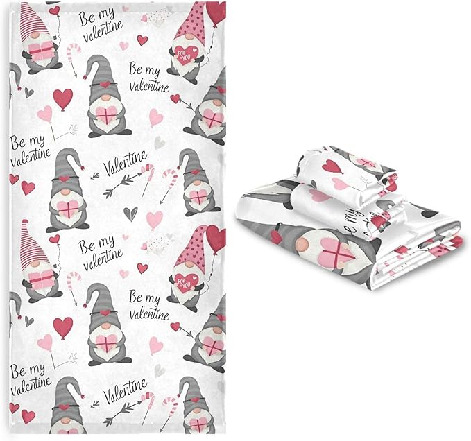 Pfrewn Cute Gnomes Hearts Pink Towels Set of 3 Romantic Romantic Love Spring White Bathroom Towel Soft Absorbent Bath Hand Towels Washcloth Guest Towel Sets Mother Valentine Decorations