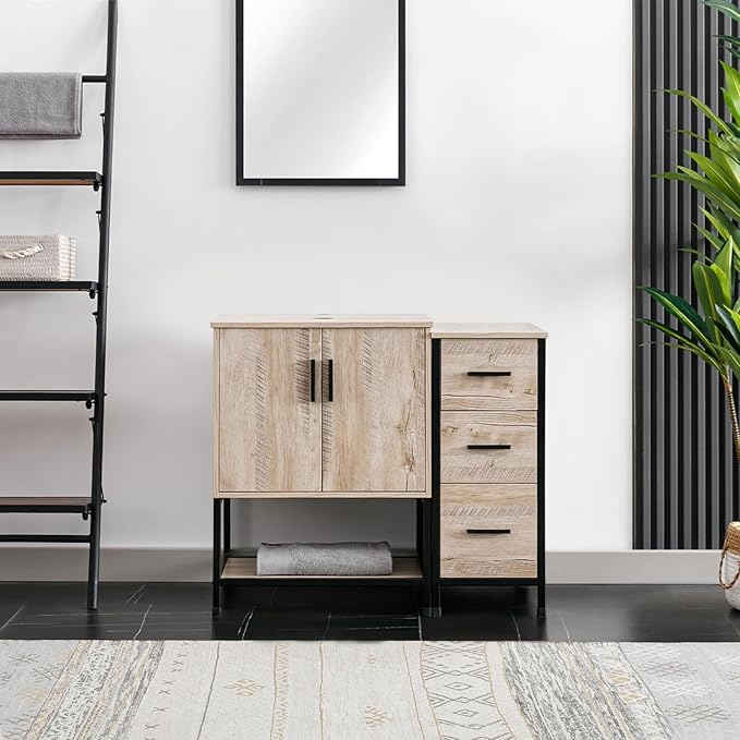 eclife 36" Bathroom Vanity Sink Combo Modern Metal Stand Cabinet W/Bottom Shelf & Storage Side Cabinet, Oak (Without Sink)