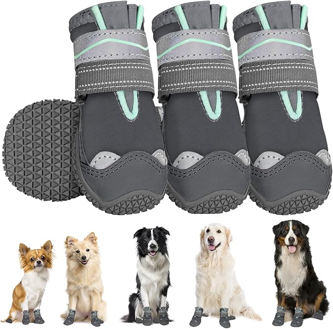 SlowTon Dog Shoes for Large Small Medium Dogs - Waterproof Dog Boots for Summer Hot Pavement, Paw Protector for Outdoor Walking Winter Snow, Anti-Slip Rubber Dog Booties for Hardwood Floor (GY, 4)